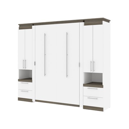 Bestar Orion 98W Full Murphy Bed and 2 Storage Cabinets with Pull-Out Shelves (99W), White & Walnut Grey 116899-000017